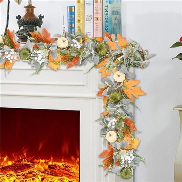 5.9FT Fall Decor Fall Garland with Pumpkin, Plush Rattan and Fern - Picture 4 of 8